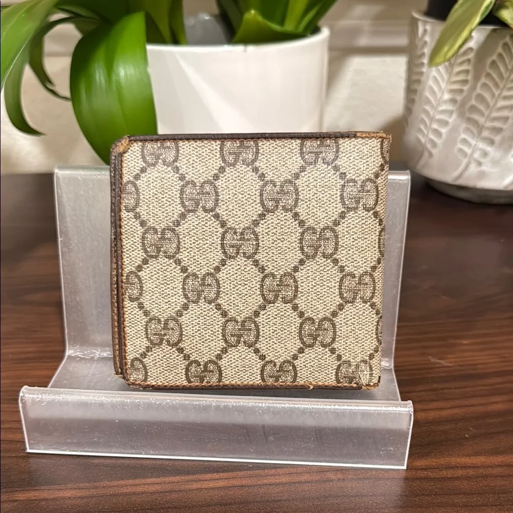 Gucci Monogram Bifold Wallet with Brown Leather Trim
